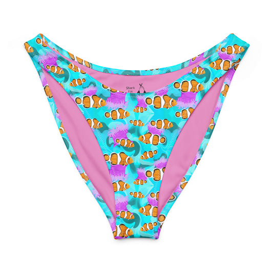 Colorful bikini bottom with clownfish pattern on a white background