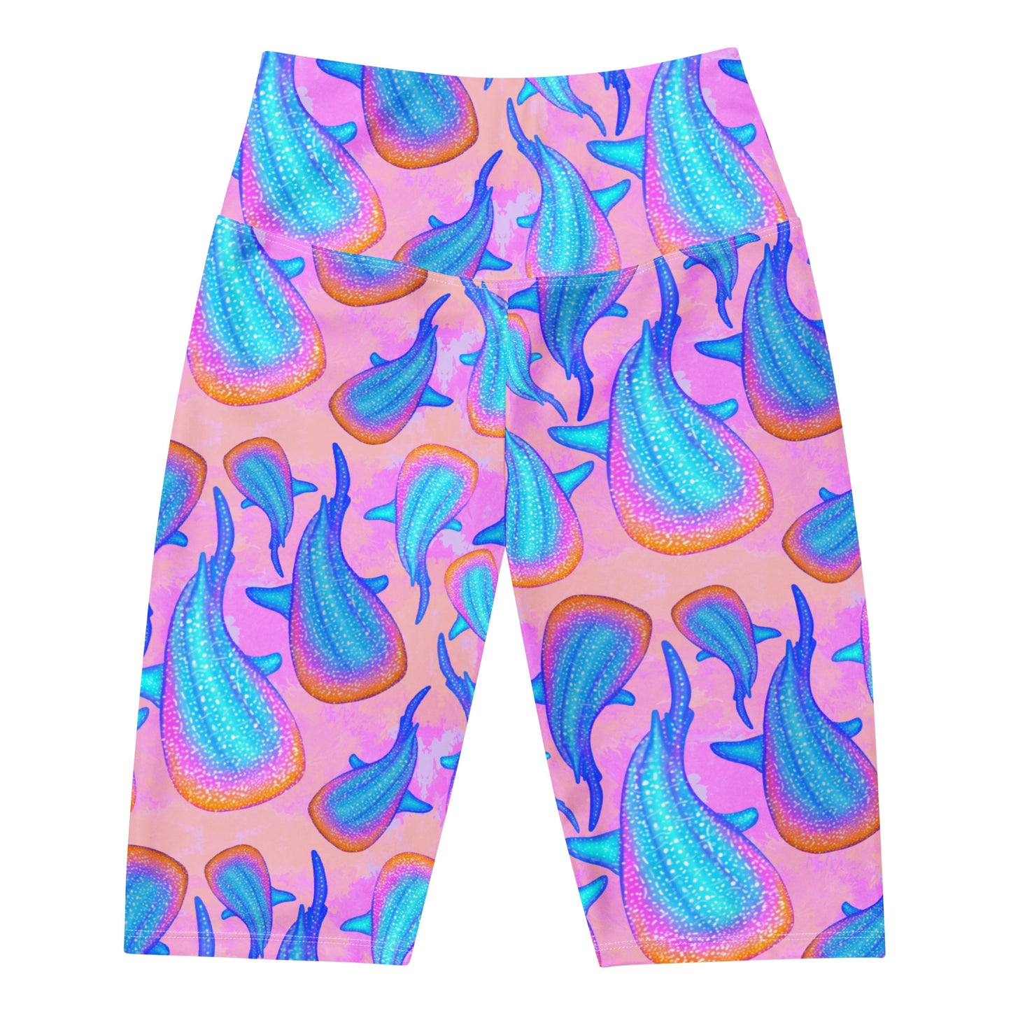 Pink bike shorts with rainbow whale sharks 