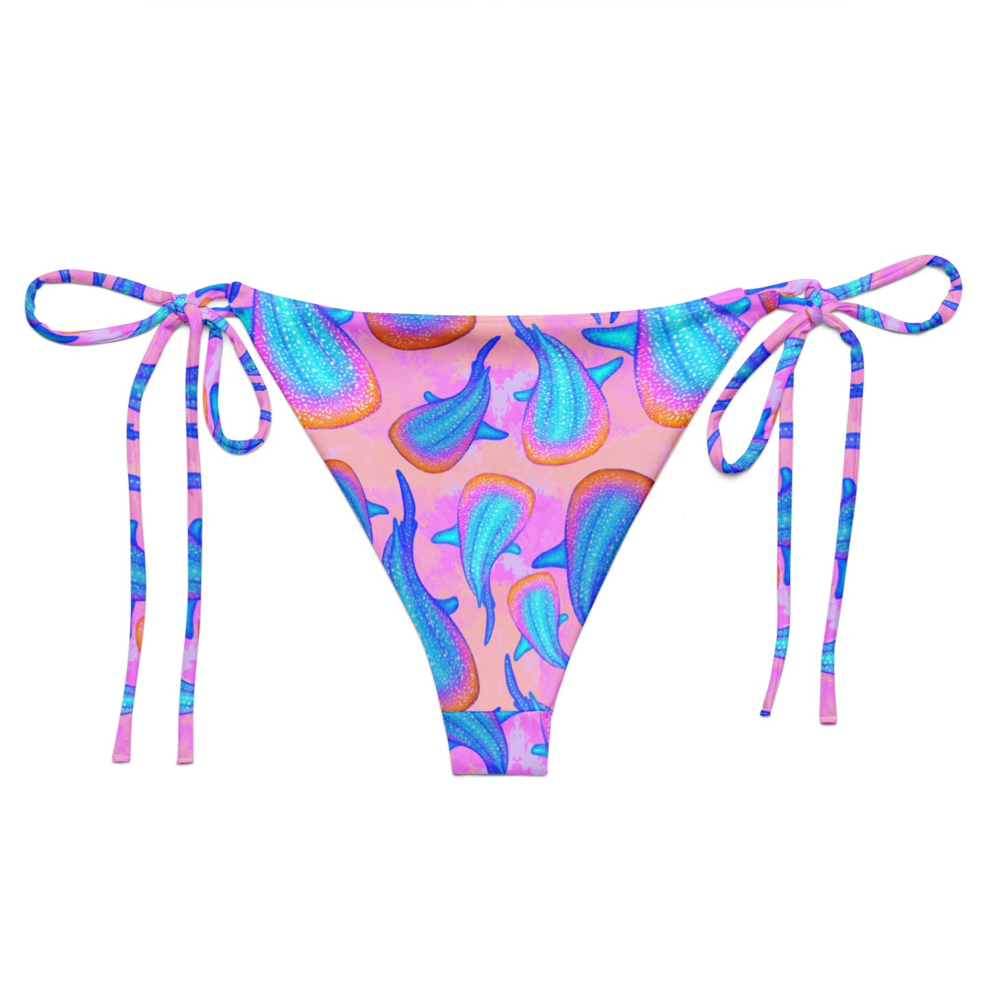 Rainbow whale sharks on a pink and purple tie dye background eco string bikini bottom