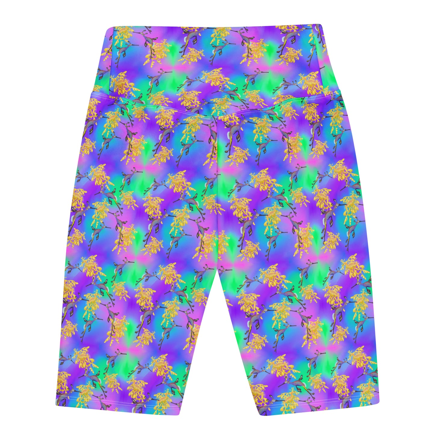 Purple and green bike shorts with sea dragons 