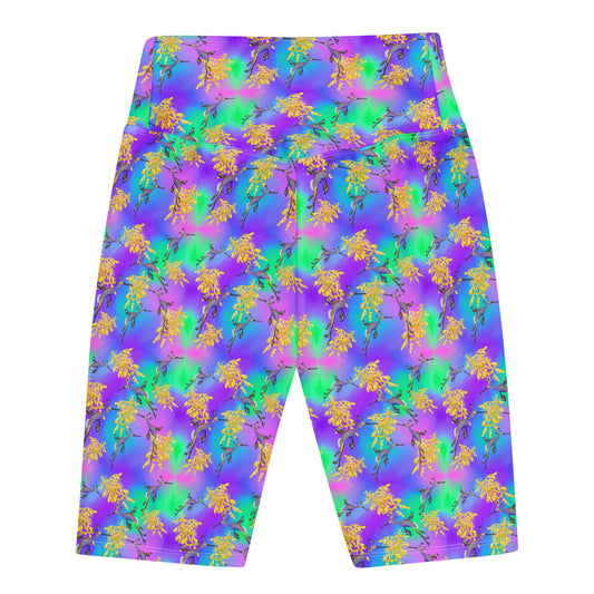 Purple and green bike shorts with sea dragons 