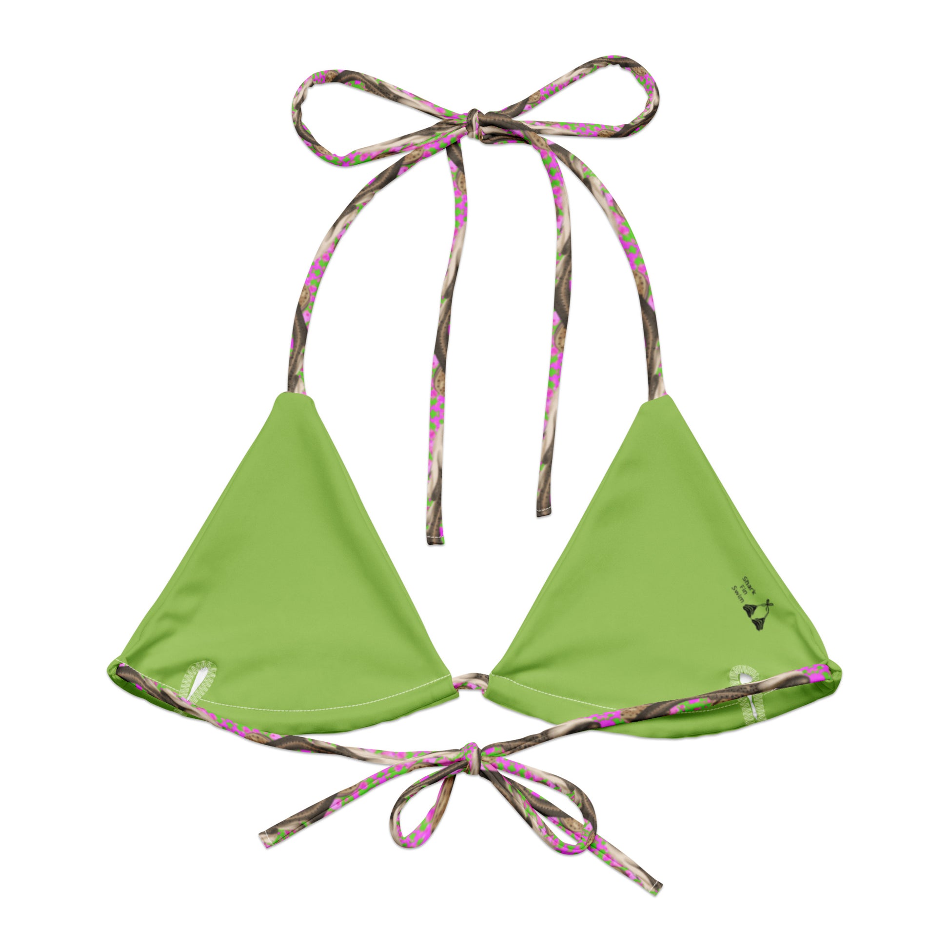 Green and pink string bikini top with zebra sharks and cowrie seashells