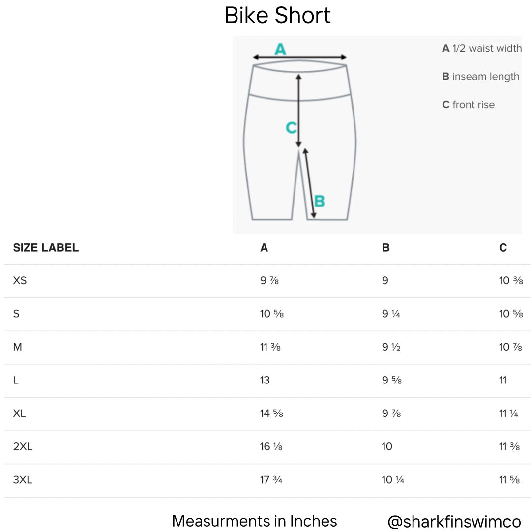 Product Measurement chart for bike shorts with size labels and dimensions on a white background.