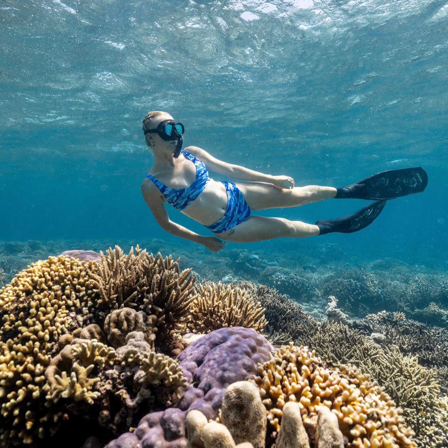 Blue glitter whale sharks on eco sporty supportive bikini top 