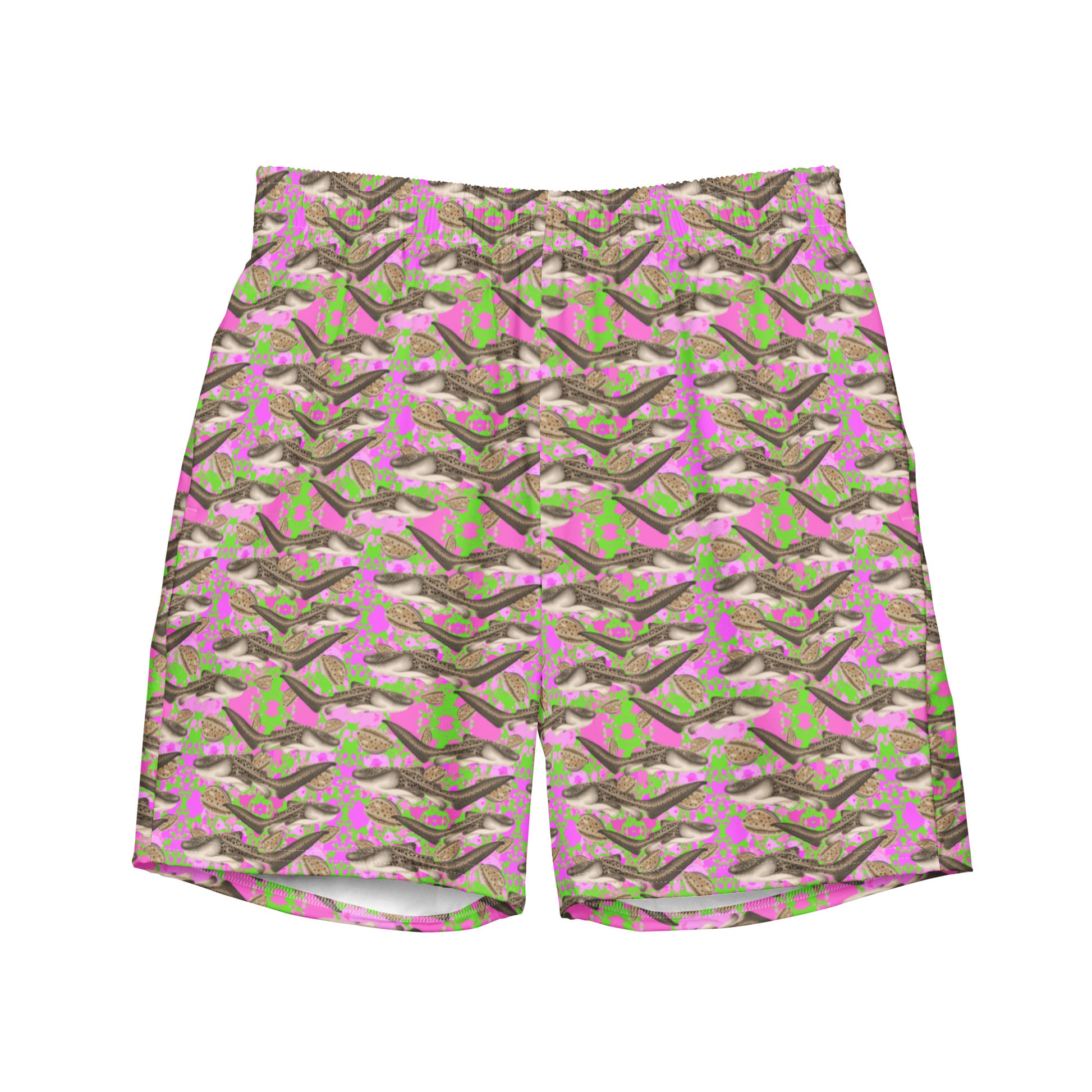 Pink and green swim trunks with zebra sharks and cowrie seashells 