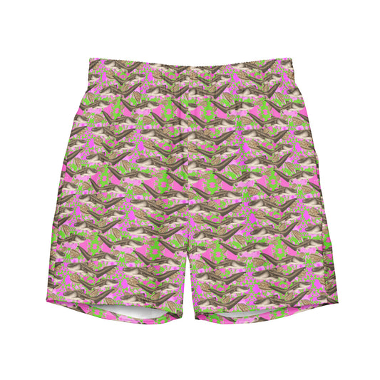 Pink and green swim trunks with zebra sharks and cowrie seashells 