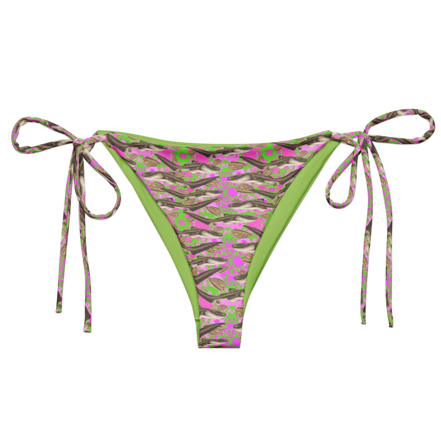 Green and pink string bikini bottom with zebra sharks and cowrie seashells