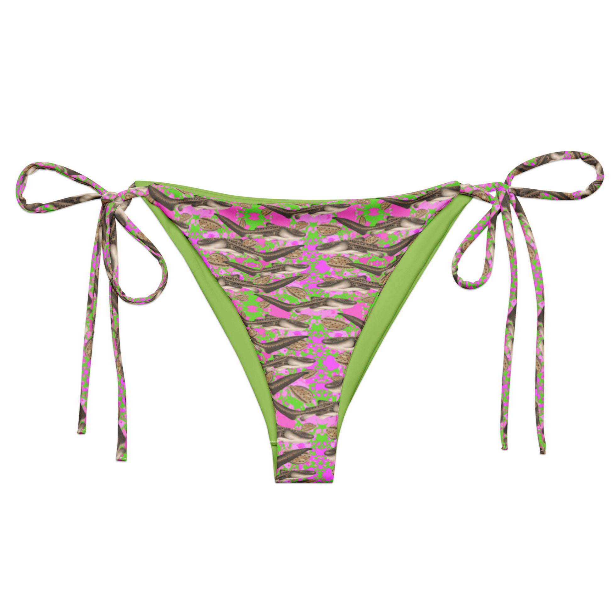 Green and pink string bikini bottom with zebra sharks and cowrie seashells