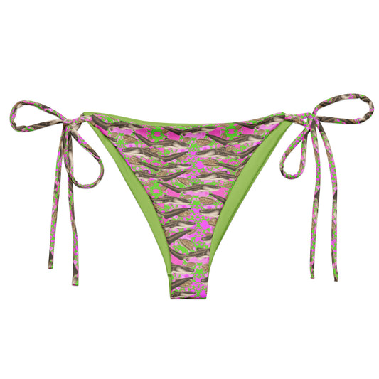 Green and pink string bikini bottom with zebra sharks and cowrie seashells