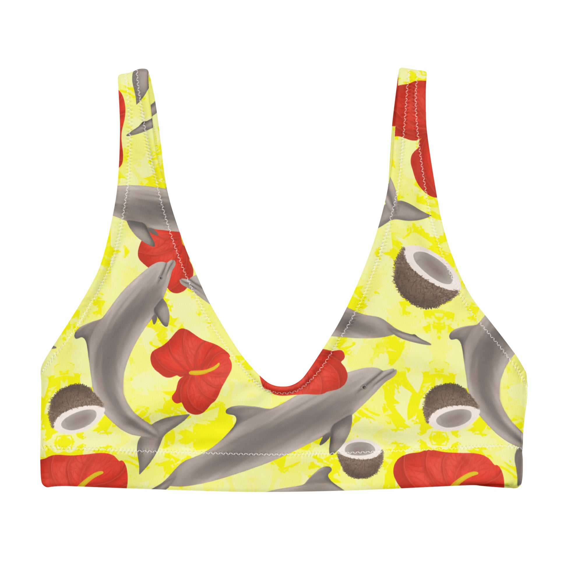 Yellow bikini top with dolphins and red flowers 