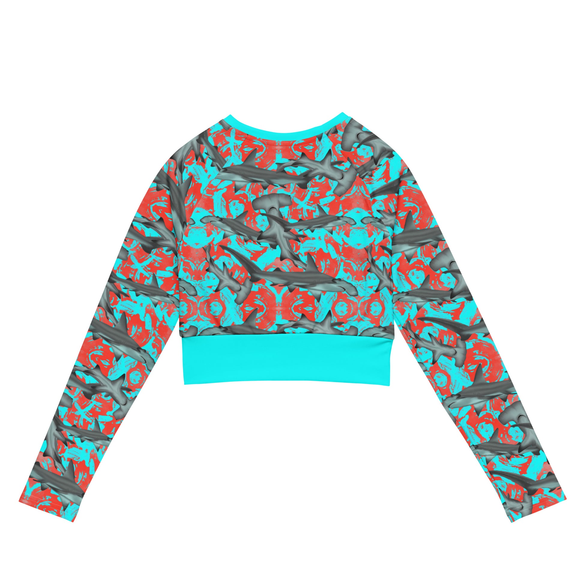 Fin & Fierce Hammerhead sustainable rashguard blue and red background 