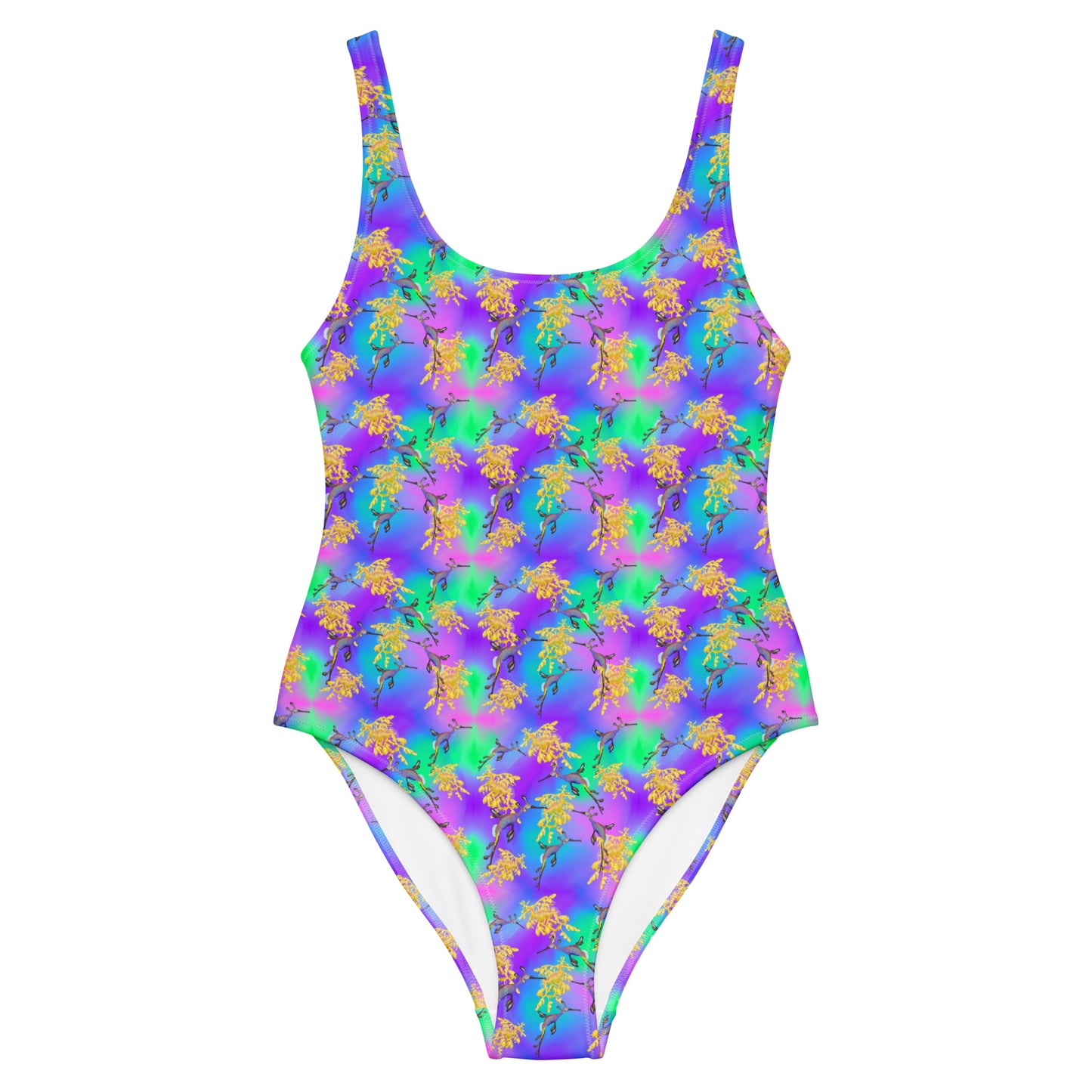 Green and purple one piece swimsuit with sea dragons 