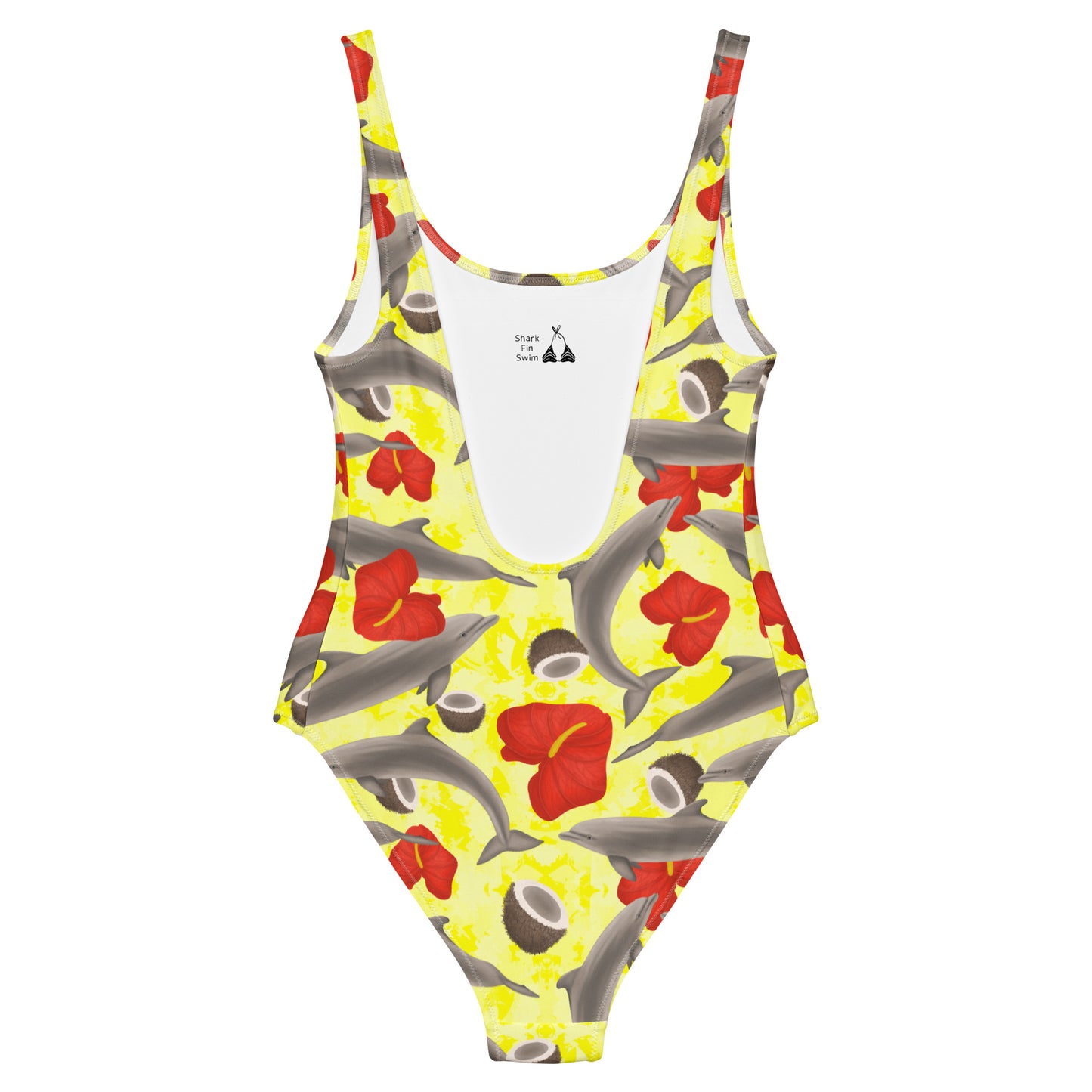 Yellow one piece swimsuit with dolphins and red flowers
