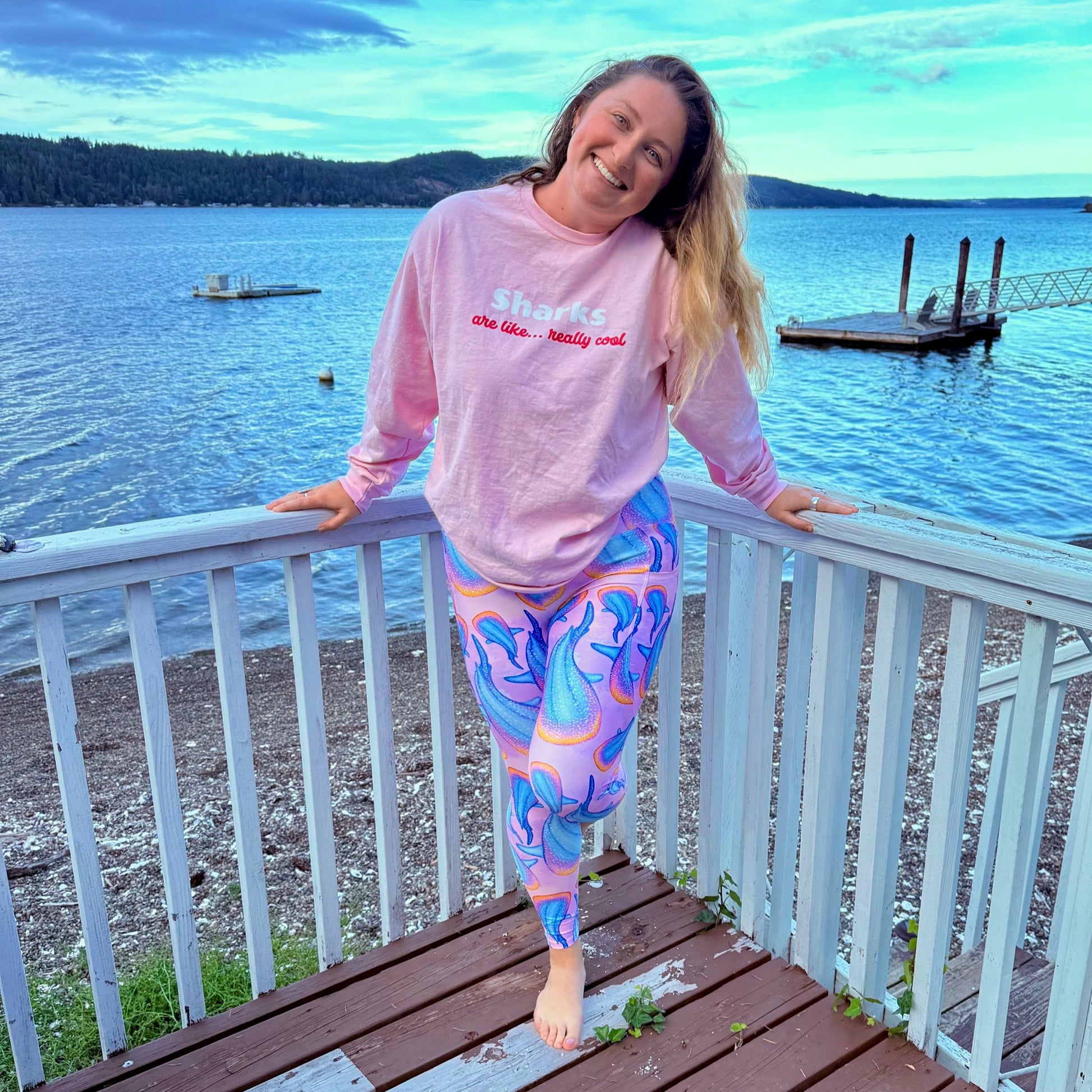 sharks are like really cool rainbow whale shark pink long sleeve eco t shirt 