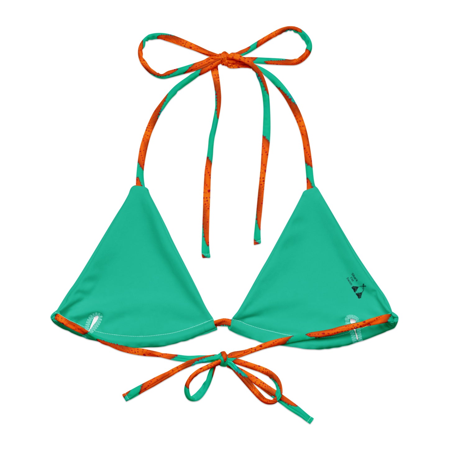Green bikini top with orange starfish on a white background