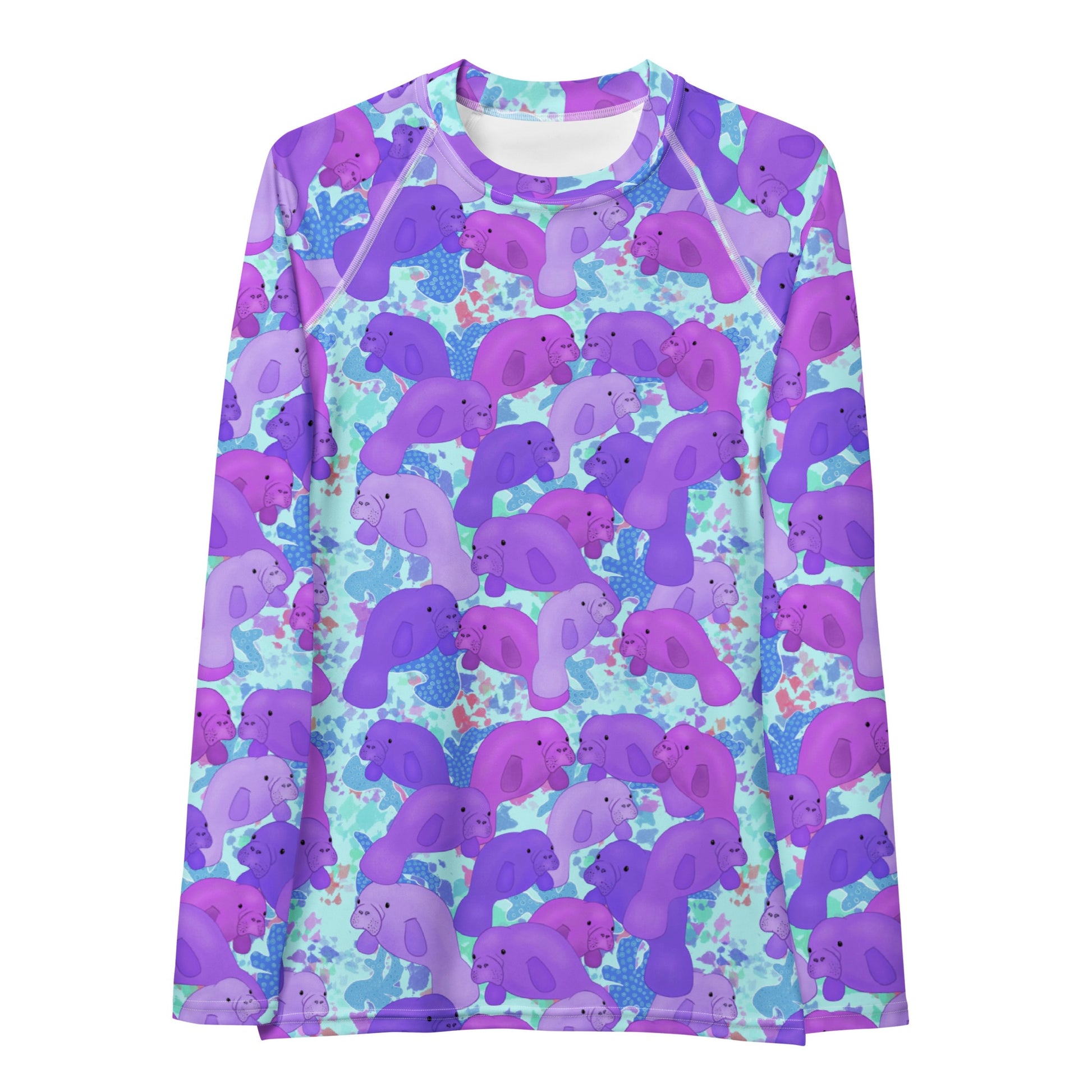 Blue long sleeve rashguard with purple manatees 