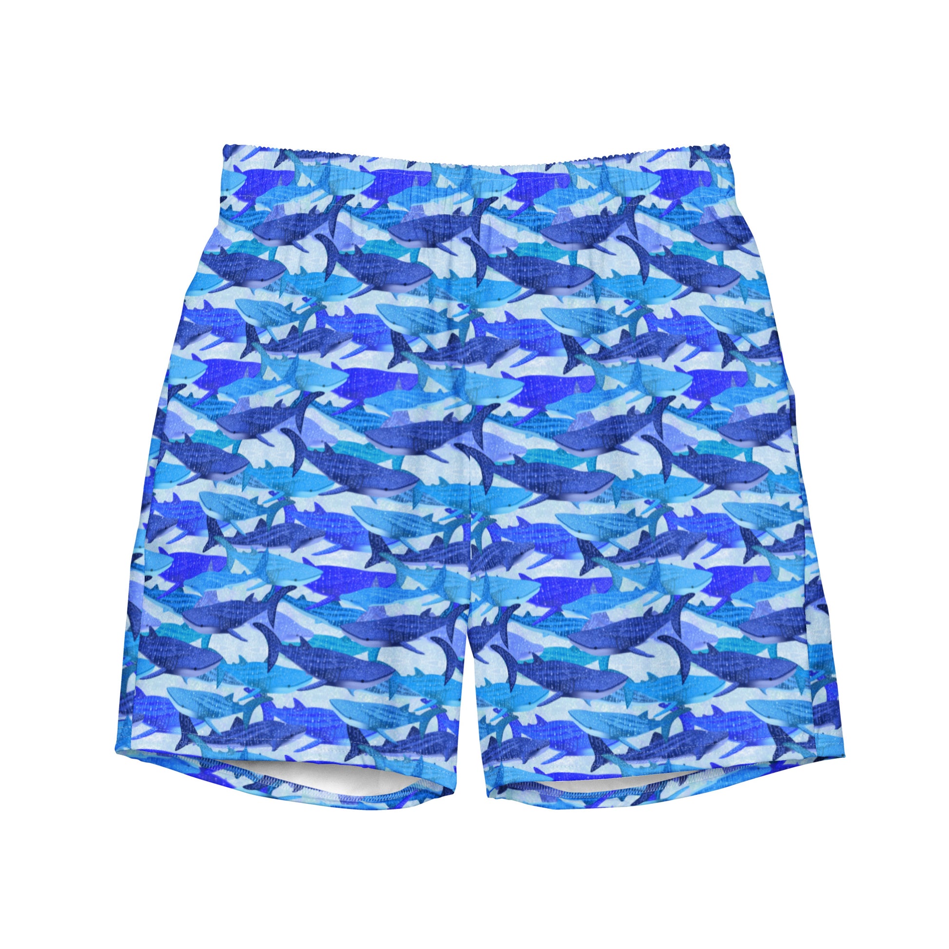 Blue glitter whale sharks on eco swim trunks 