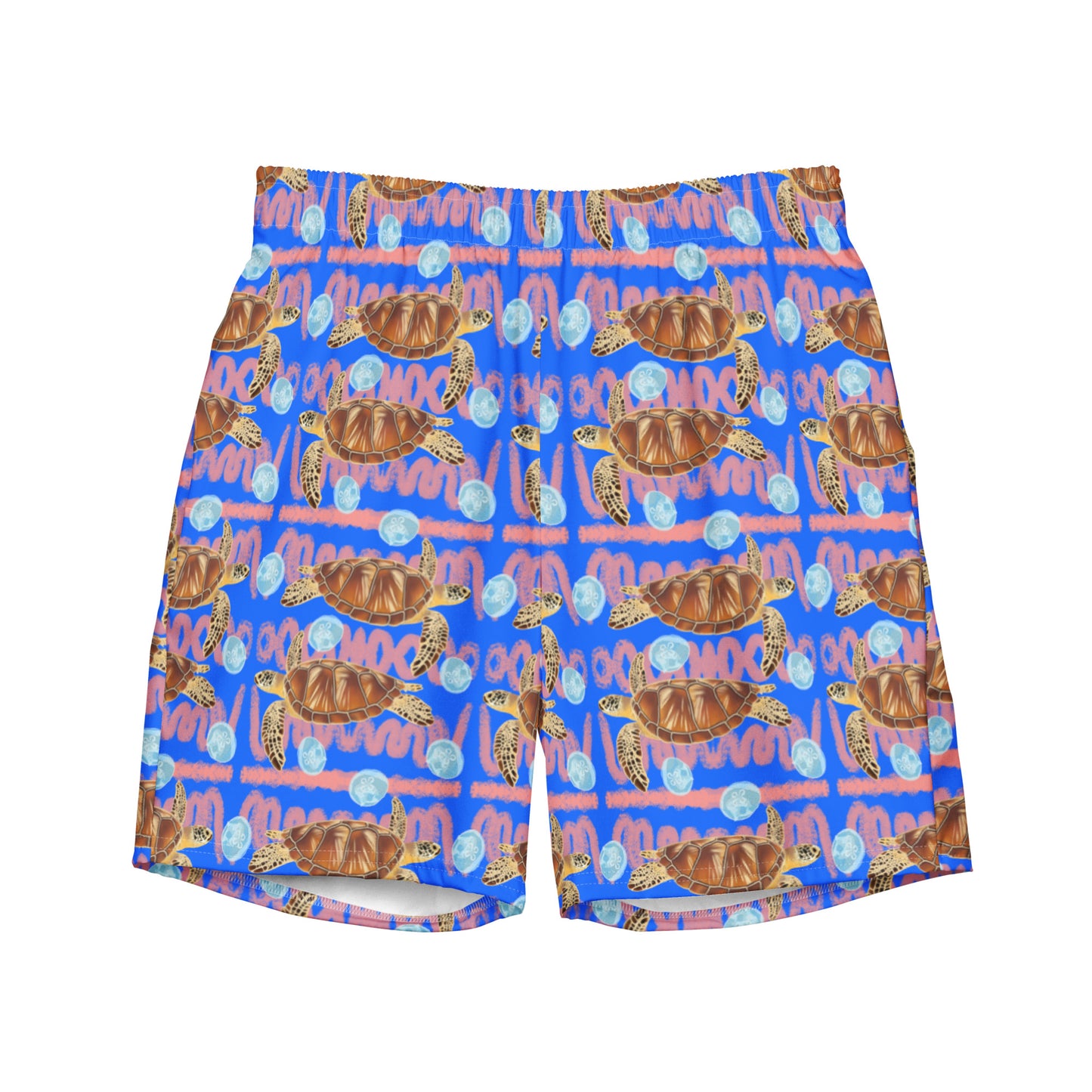 Royal blue and peachy background with sea turtles and moon jellyfish. Eco swim trunks 