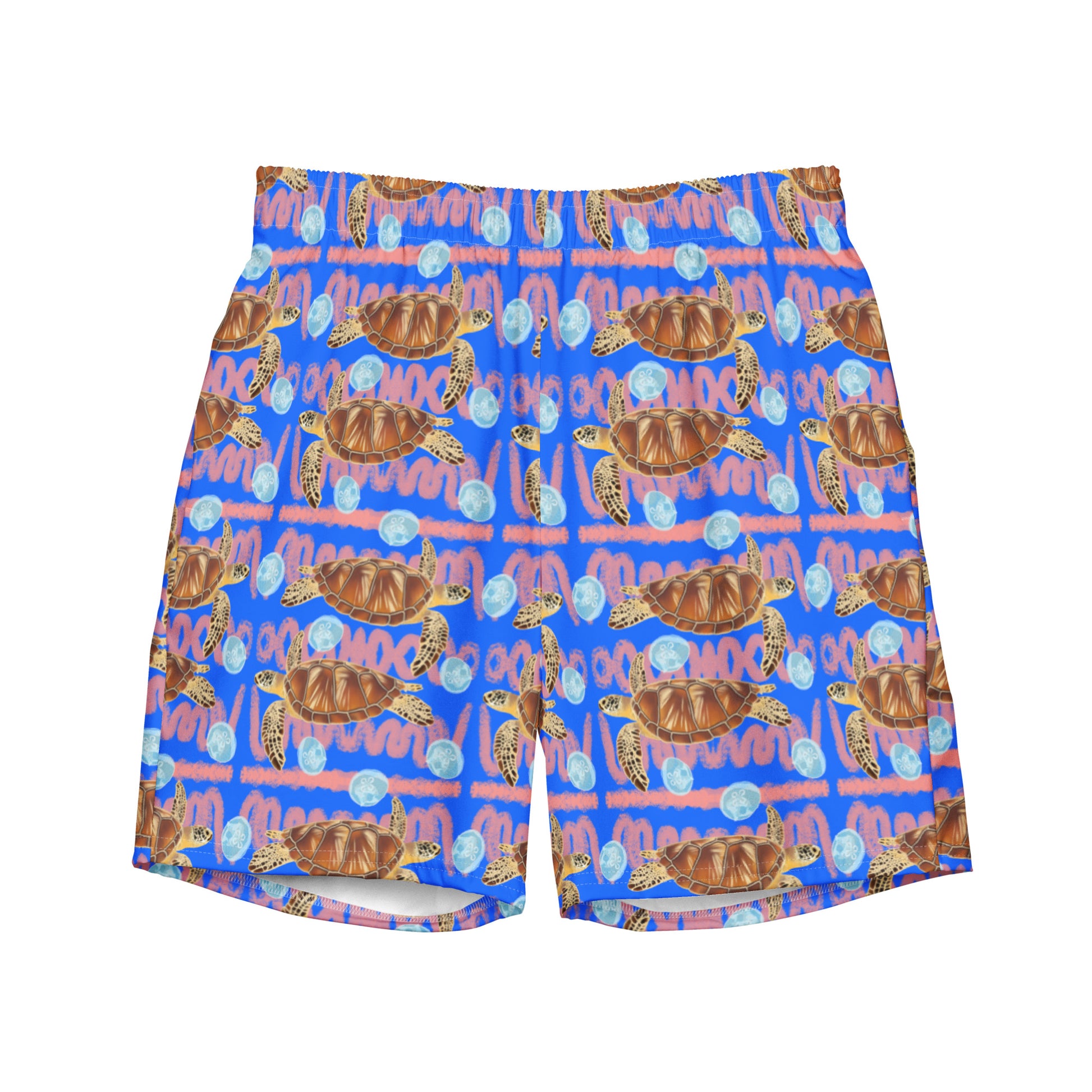 Royal blue and peachy background with sea turtles and moon jellyfish. Eco swim trunks 