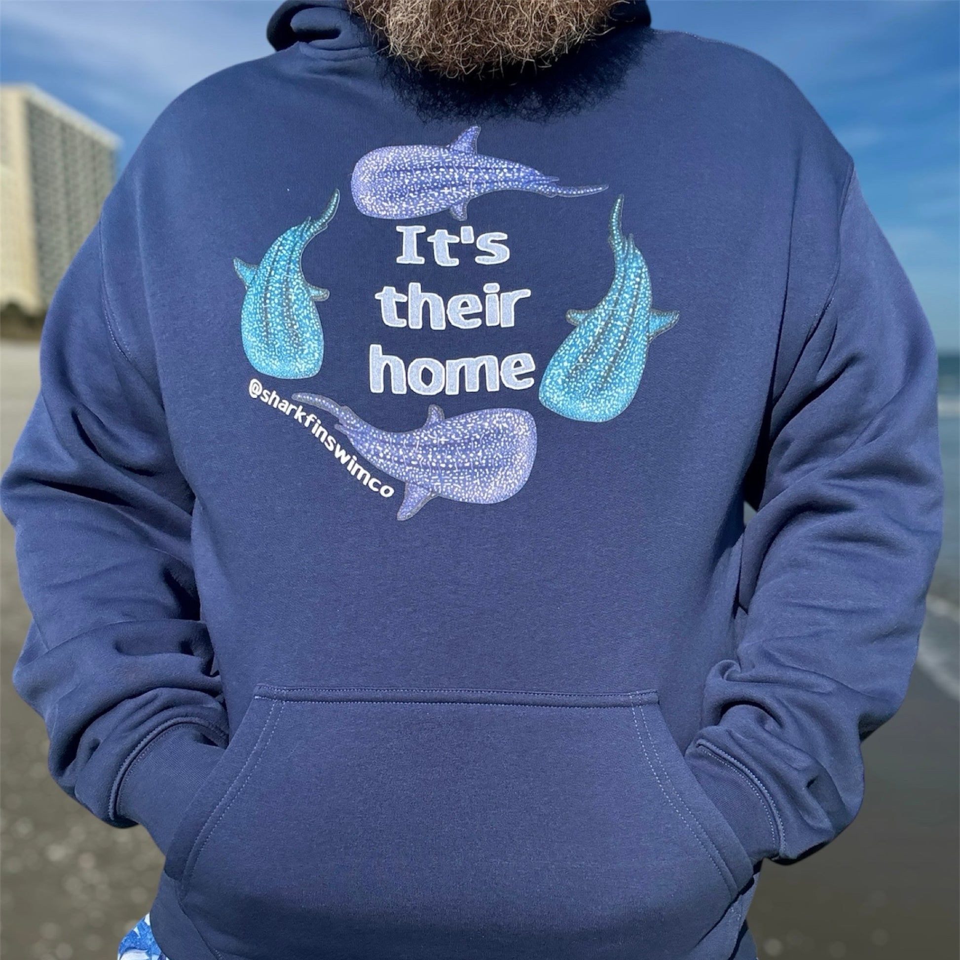 Navy blue whale shark eco hoodie it’s their home 