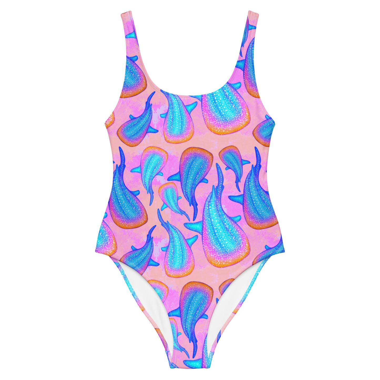 Pink one piece swimsuit with rainbow whale sharks 
