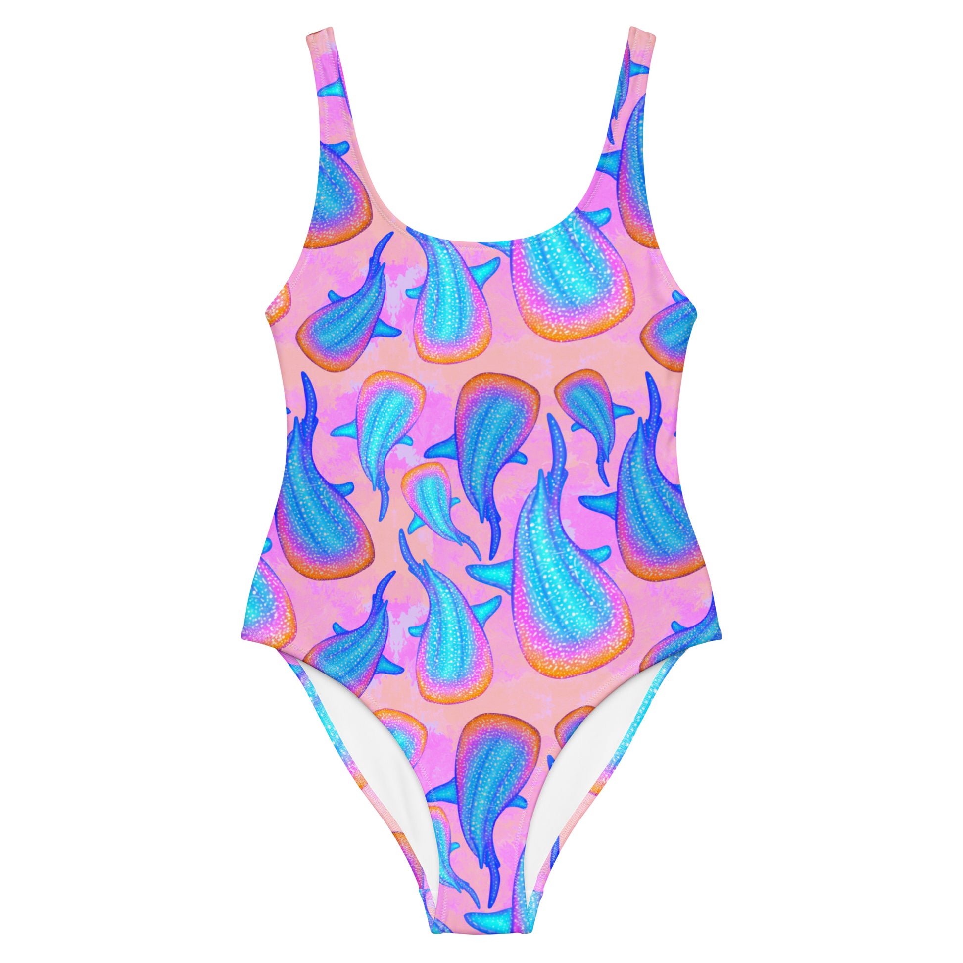 Pink one piece swimsuit with rainbow whale sharks 