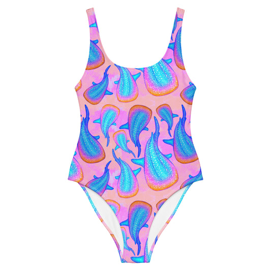 Pink one piece swimsuit with rainbow whale sharks 