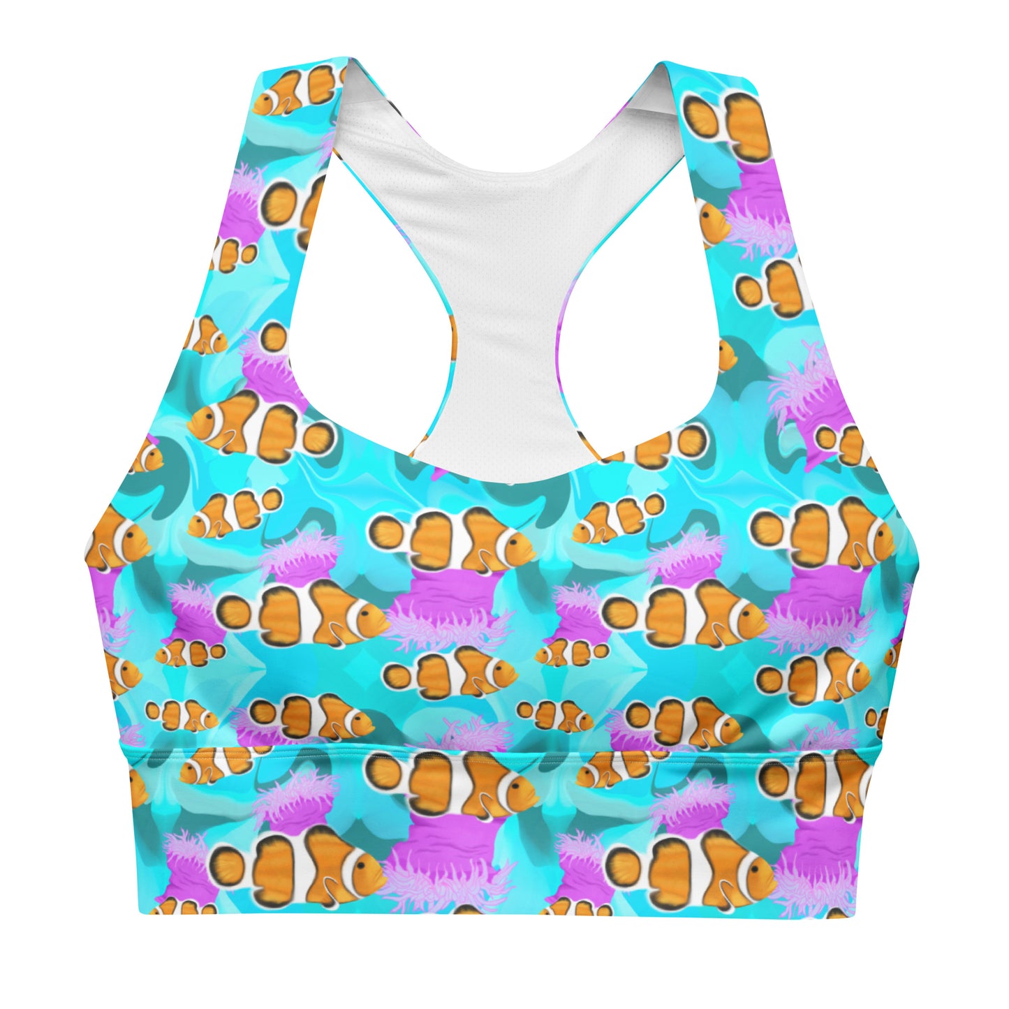 Blue clownfish sports bra with pink anemones 