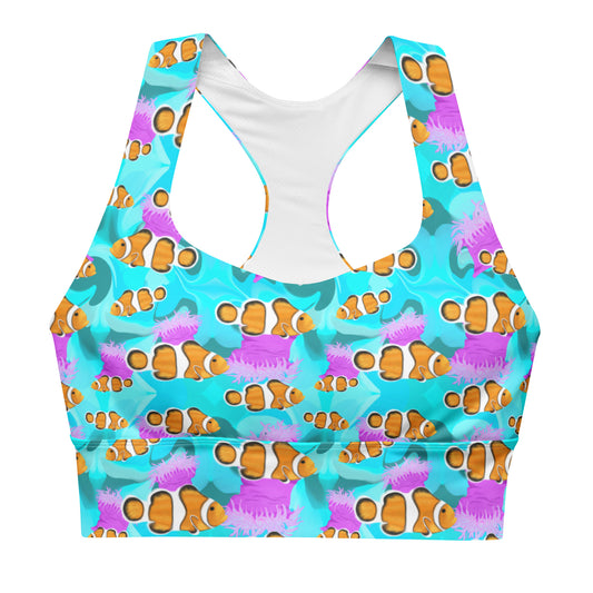 Blue clownfish sports bra with pink anemones 