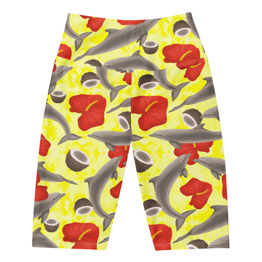 Yellow bike shorts with dolphins and red flowers