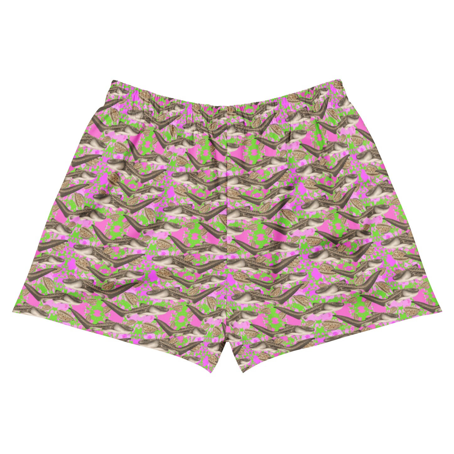 Pink and green swim shorts with zebra sharks and cowrie seashells 