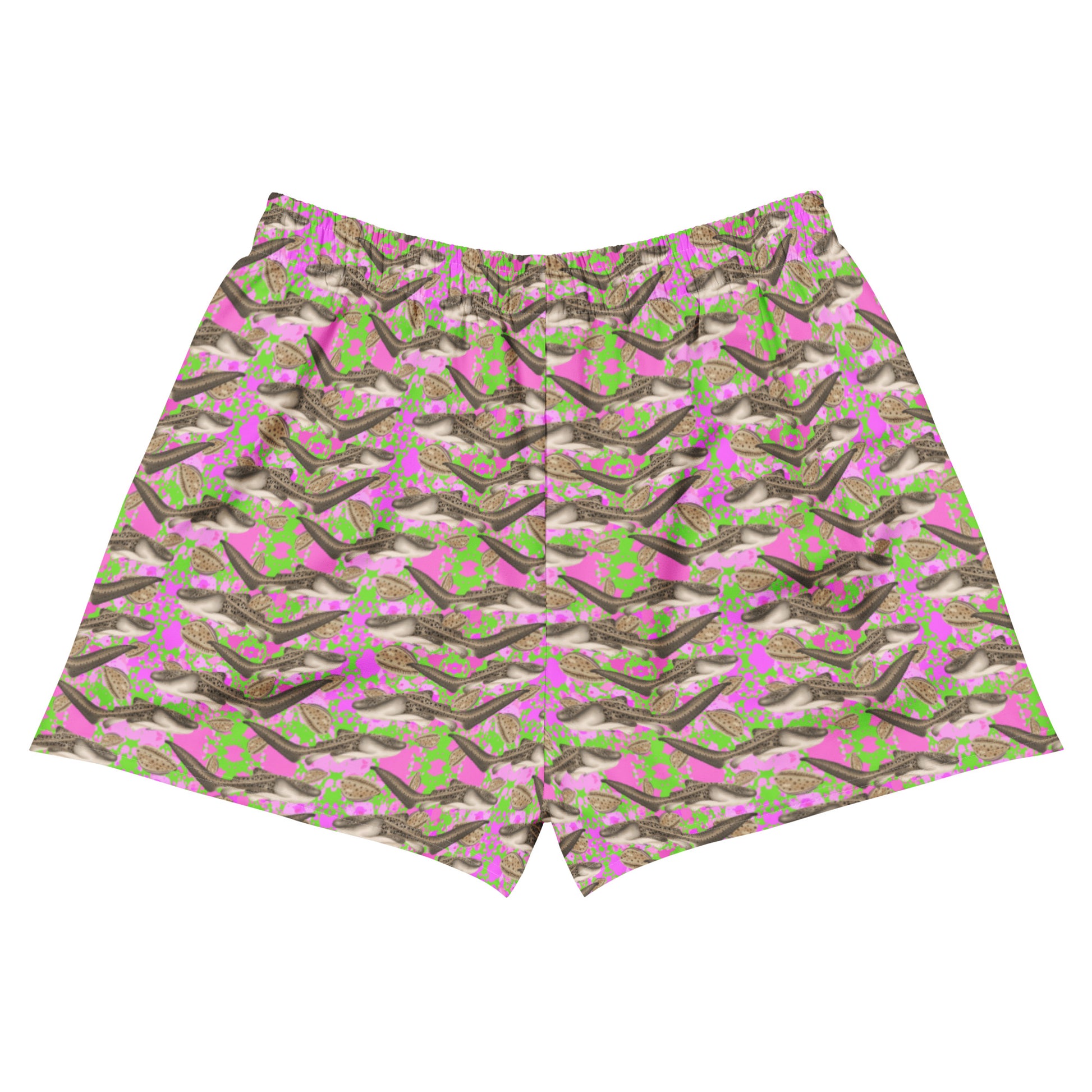 Pink and green swim shorts with zebra sharks and cowrie seashells 