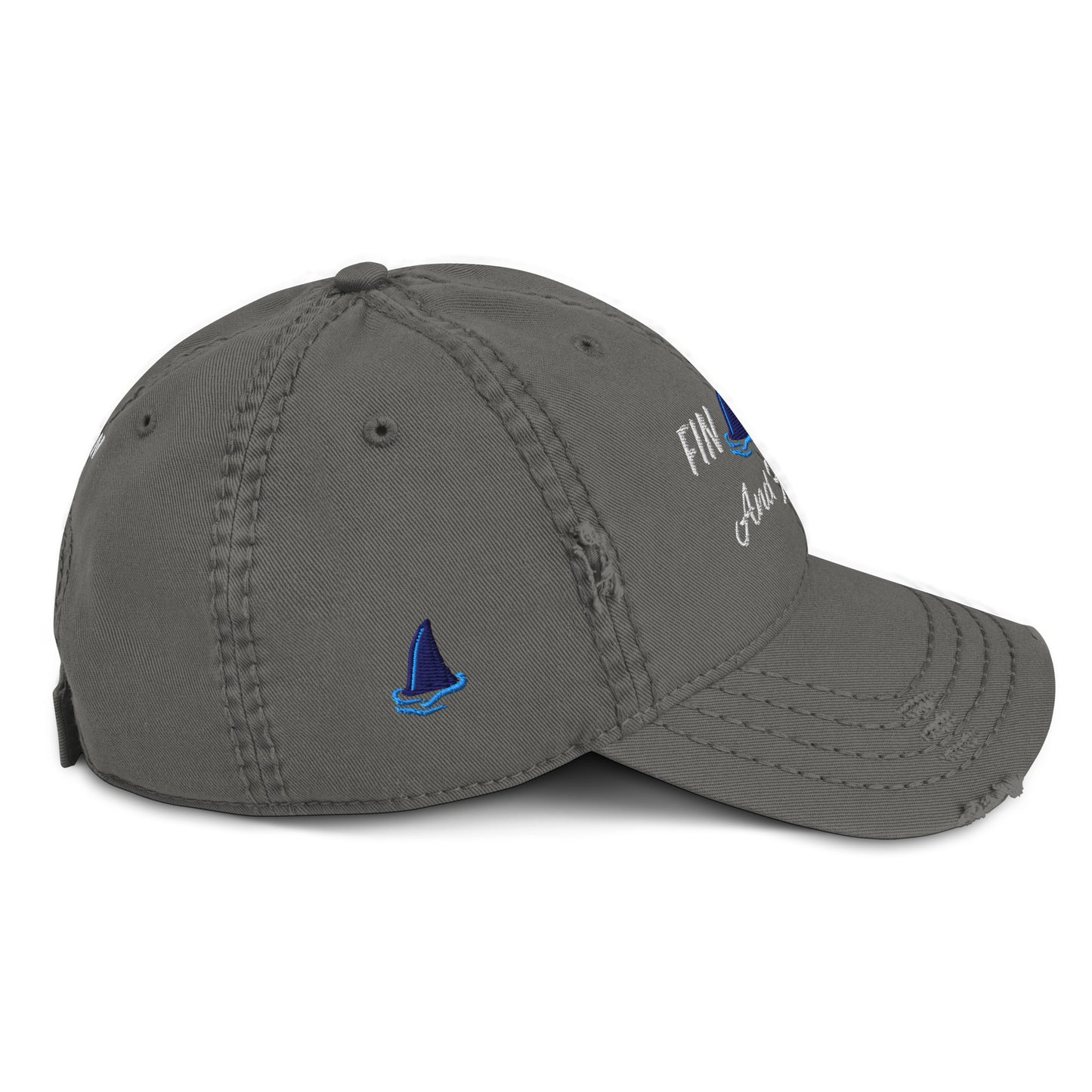 Eco-friendly distressed baseball cap with a shark fin as the A in “around” fin around and find out 