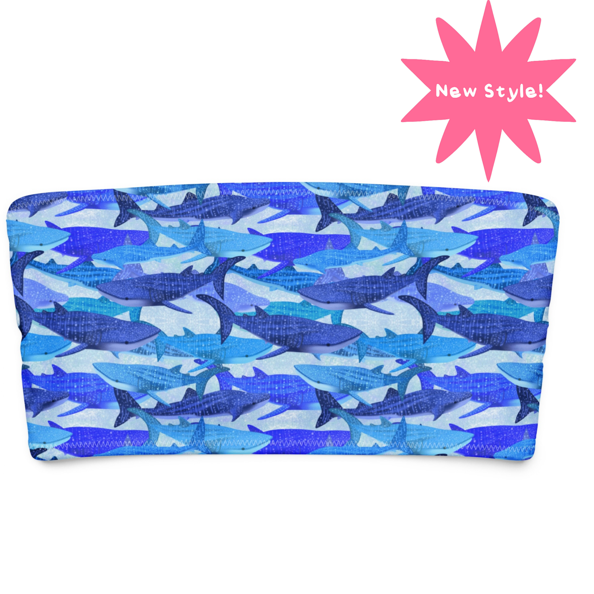 Blue glittery whale sharks on our recycled bikini tube top 
