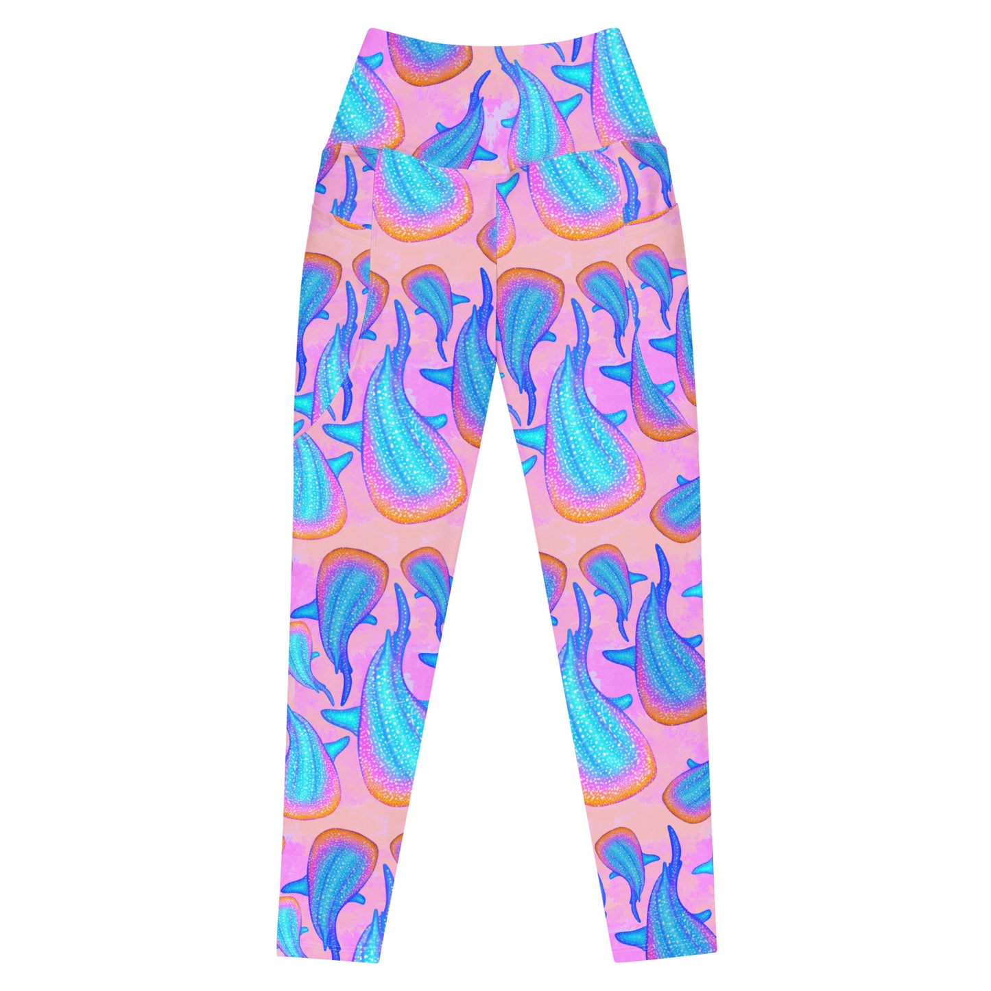 rainbow whale sharks on pink and purple tie dye background eco dive leggings 