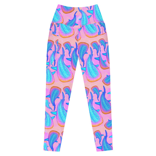 rainbow whale sharks on pink and purple tie dye background eco dive leggings 