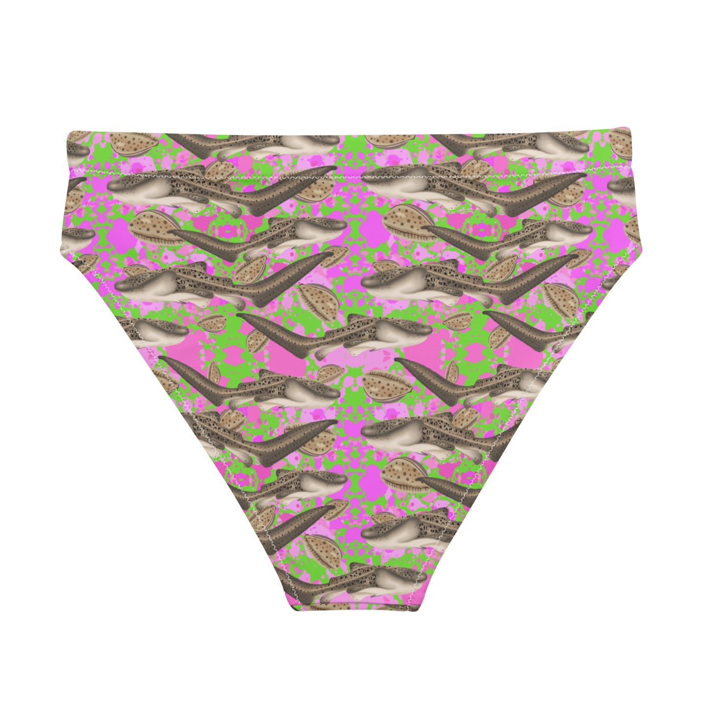 Green and pink high waisted bikini bottoms with zebra sharks and cowrie seashells