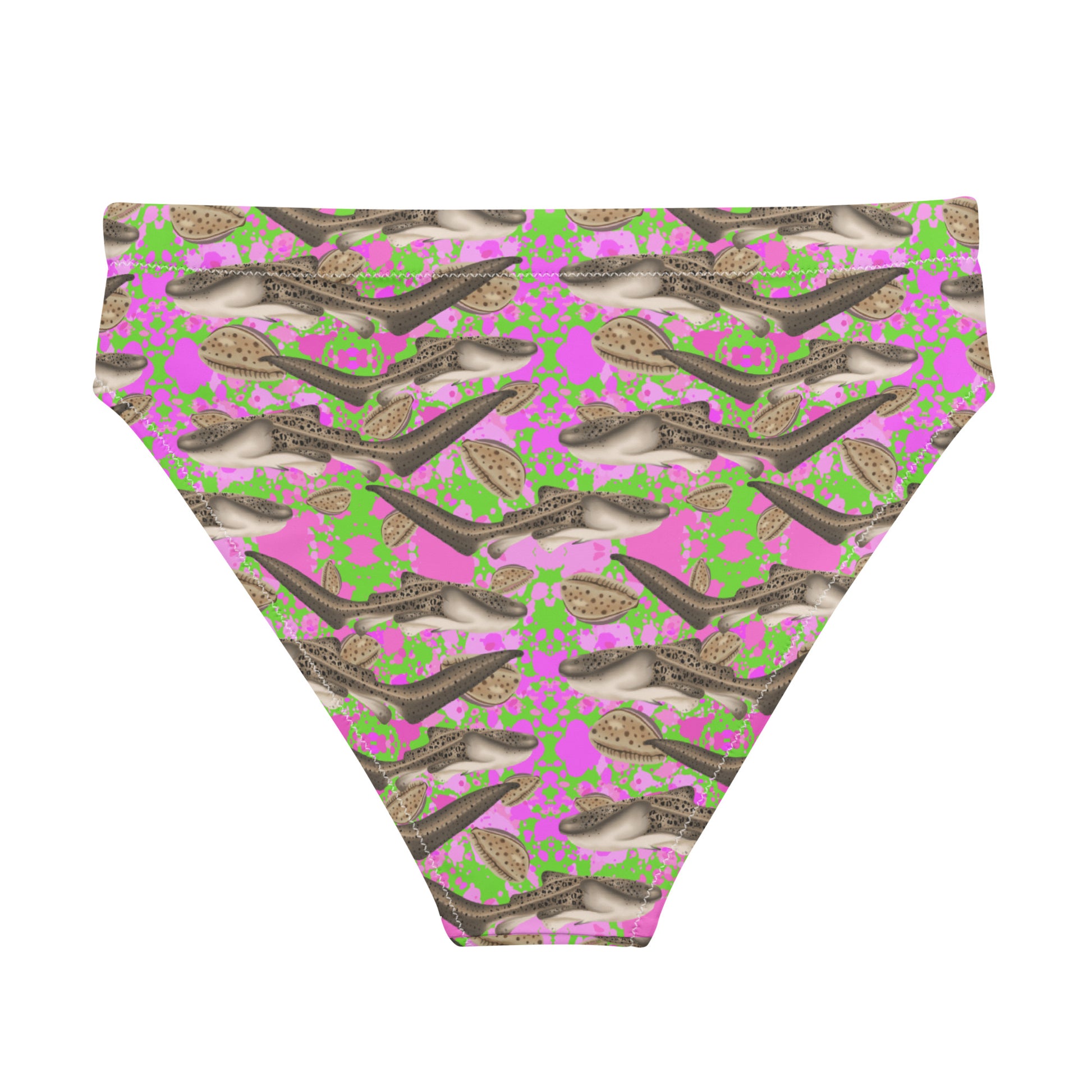 Green and pink high waisted bikini bottoms with zebra sharks and cowrie seashells