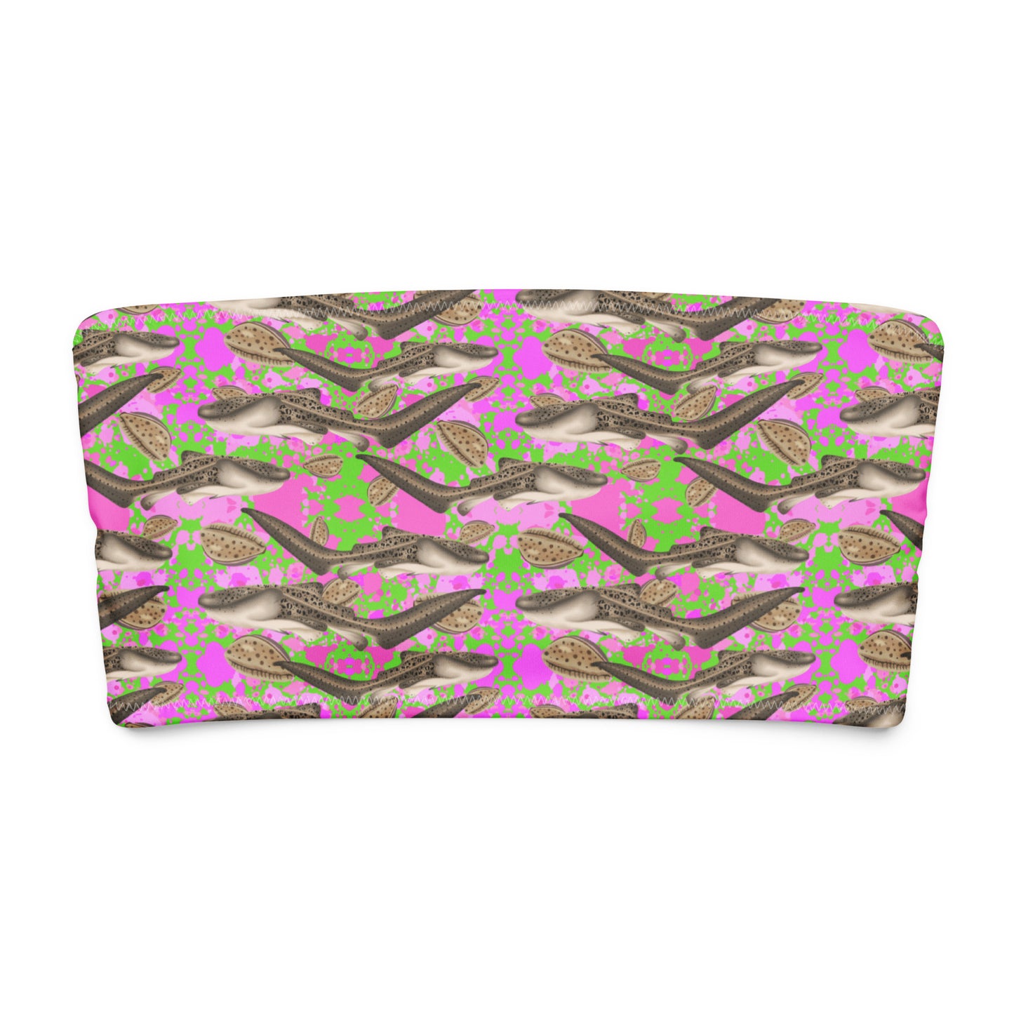 Bandeau bikini top zebra sharks and leopard cowries with a green and pink pattern 