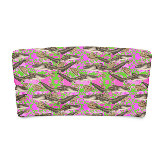 Bandeau bikini top zebra sharks and leopard cowries with a green and pink pattern 