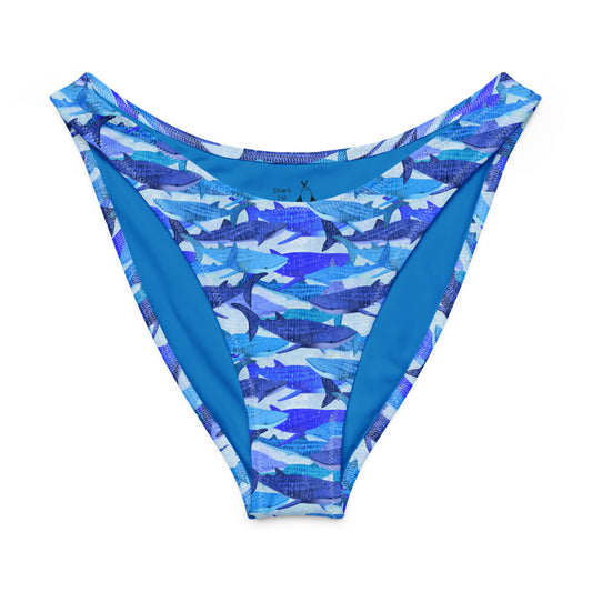 Blue glittery whale sharks on our high cut recycled bikini bottoms 