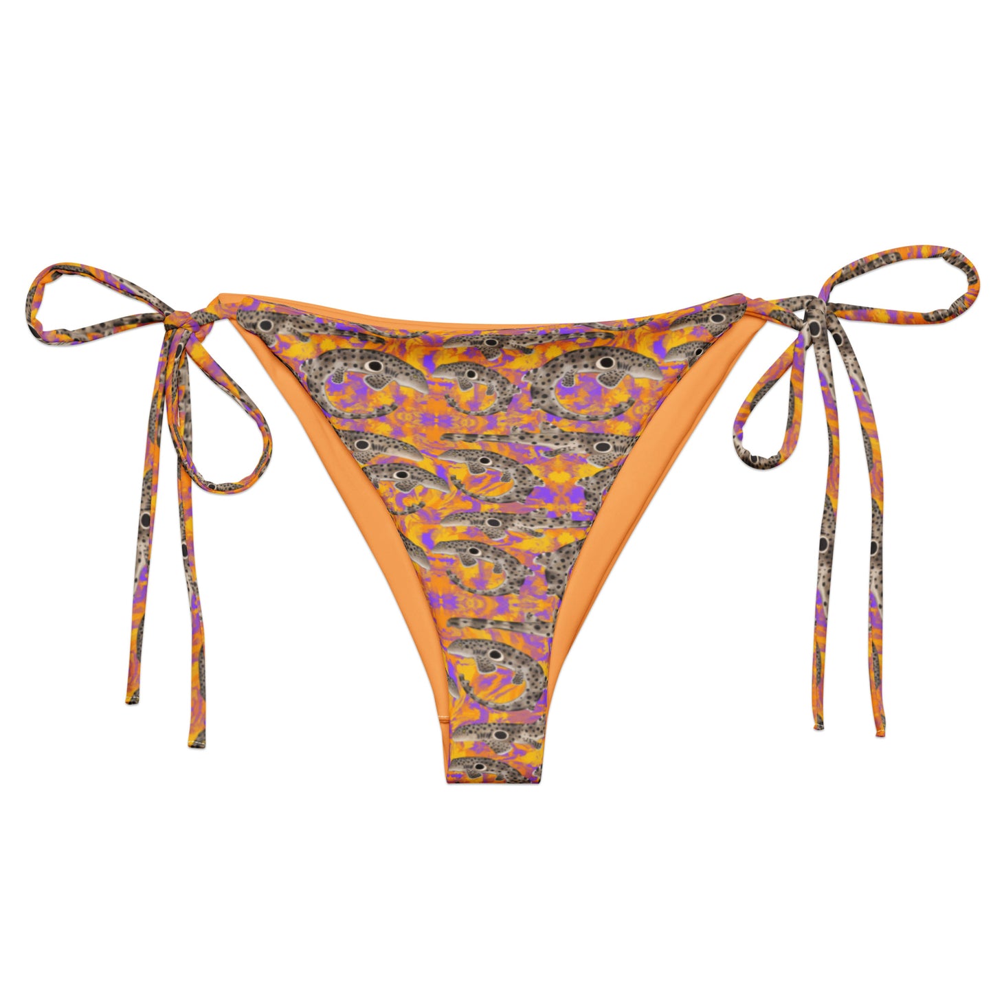 Epaulette Shark eco string bikini bottoms with orange and purple background