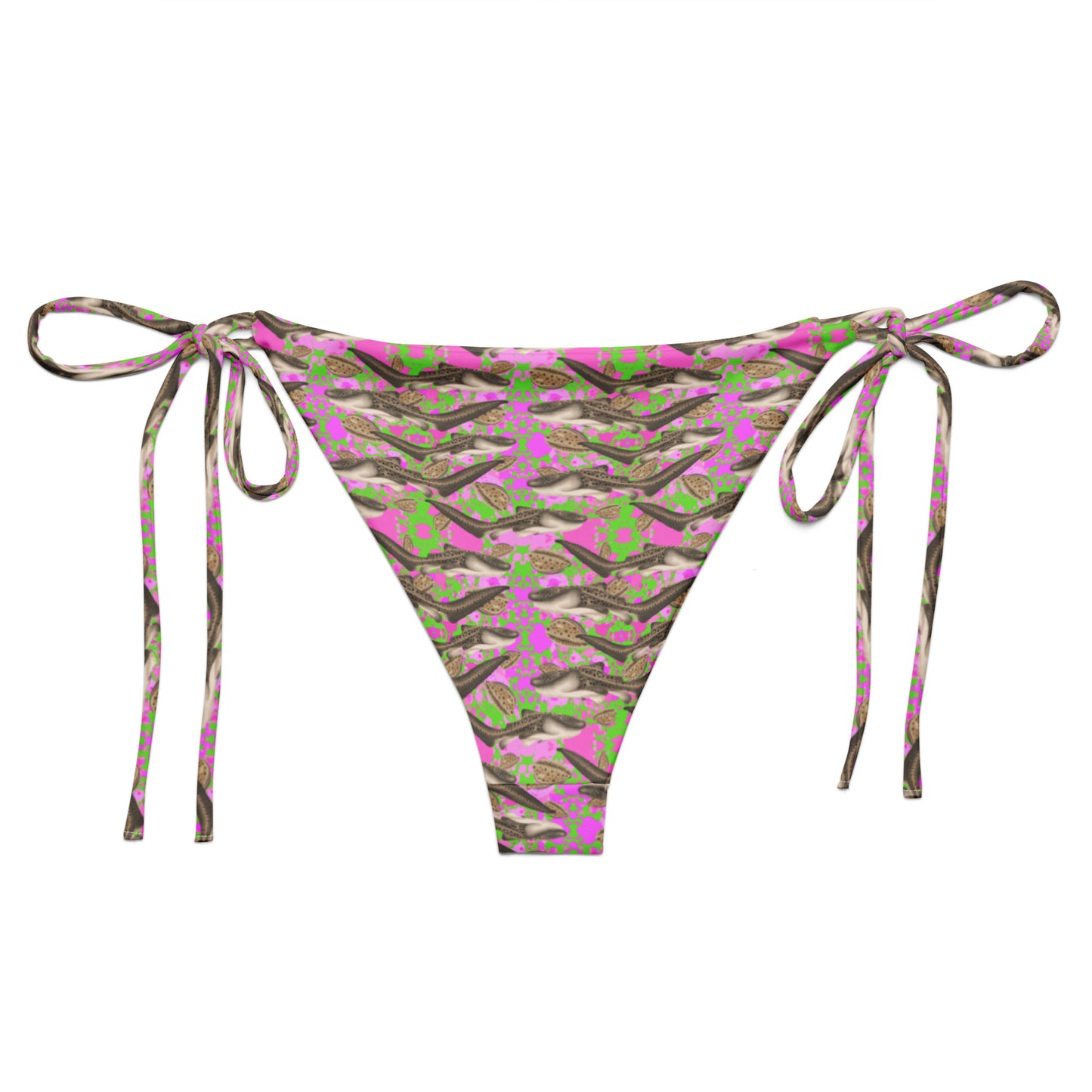 Green and pink string bikini bottom with zebra sharks and cowrie seashells