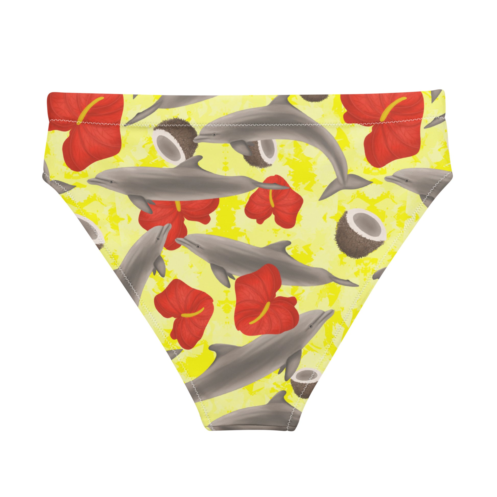 Yellow high waisted bikini bottoms with red flowers and dolphins