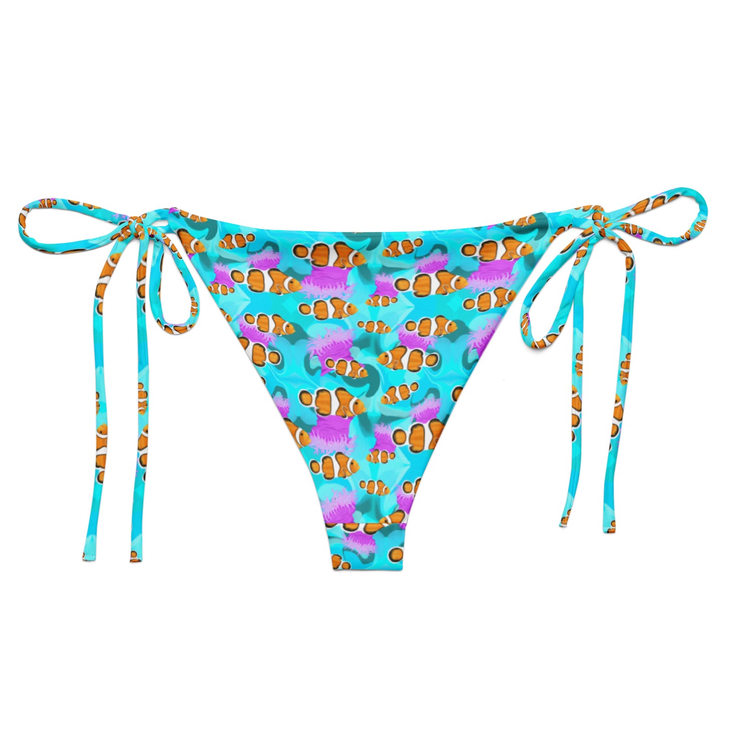 Blue string bikini bottom with clownfish and pink anemones 