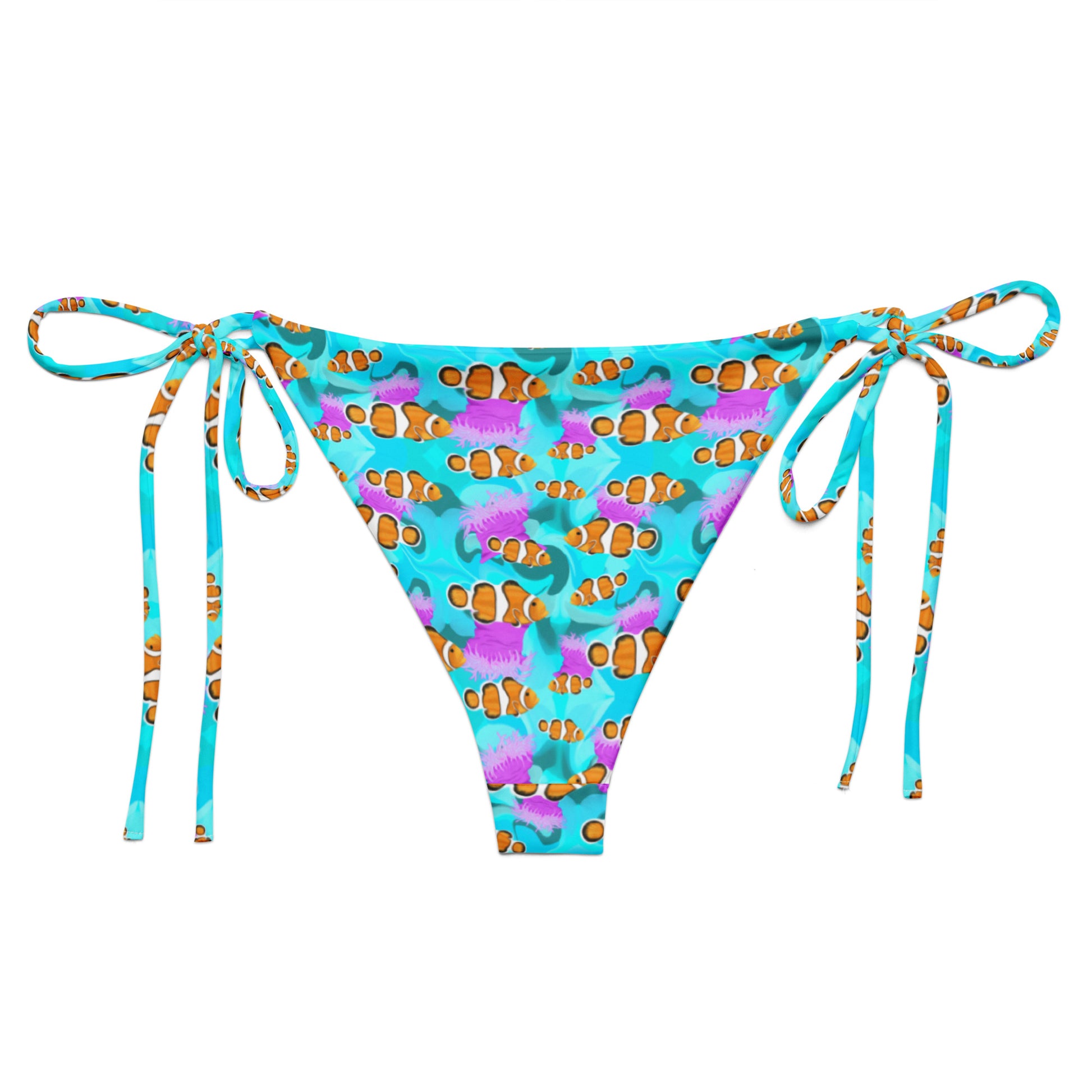 Blue string bikini bottom with clownfish and pink anemones 