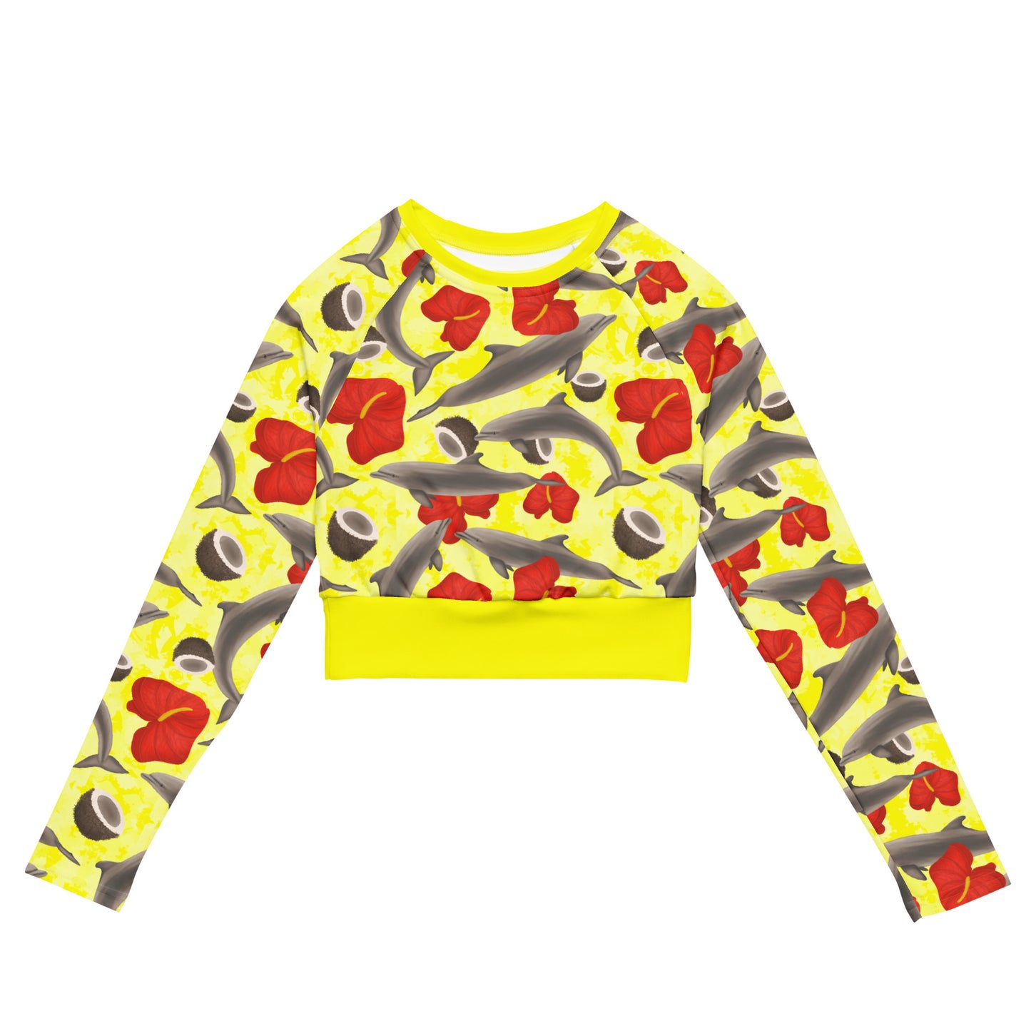Yellow long-sleeve shirt with dolphin and flower pattern on a white background