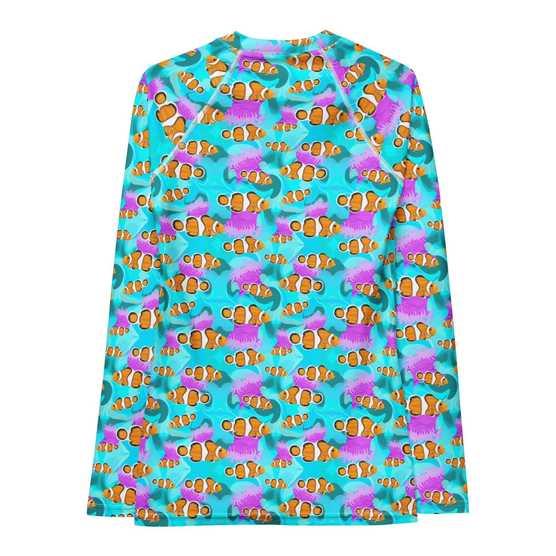 Blue clownfish long sleeve rashguard with pink anemones 