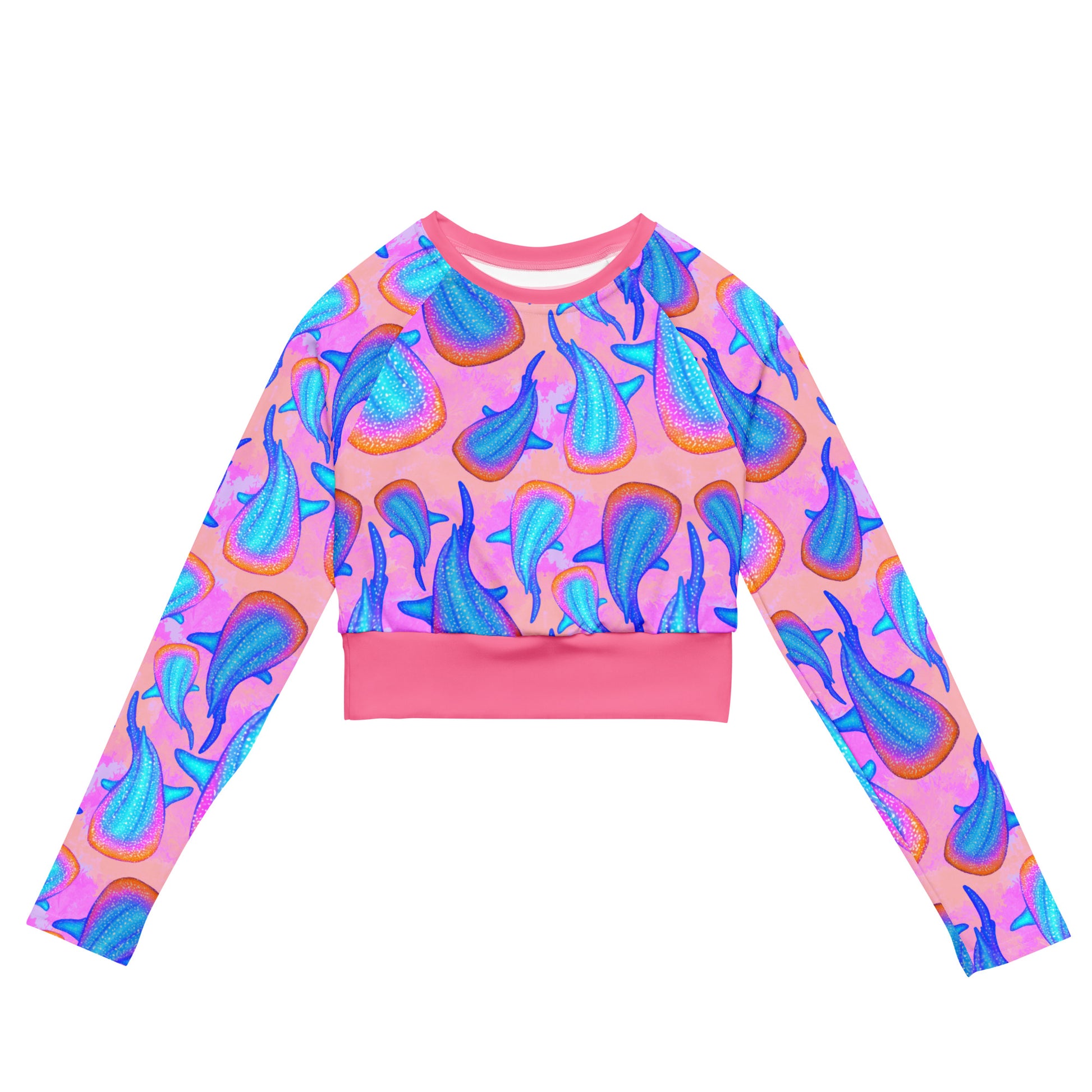 Rainbow whale sharks on a pink and purple background eco long sleeved cropped rashguard 
