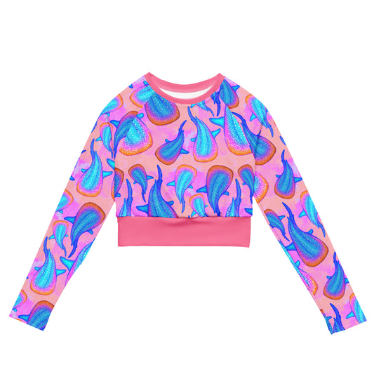 Rainbow whale sharks on a pink and purple background eco long sleeved cropped rashguard 